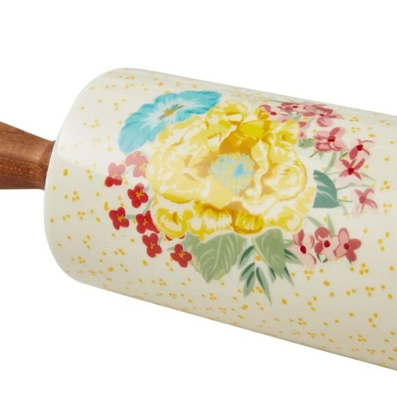 🦋 2023 🦋 New Pioneer Woman Fancy Flourish Ceramic Rolling Pin with Acacia Wood - Picture 8 of 10